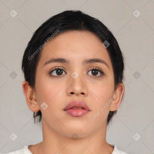 Neutral asian young-adult female with medium  brown hair and brown eyes