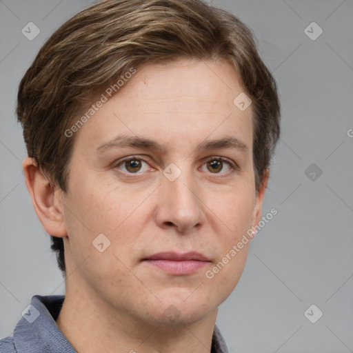 Joyful white adult female with short  brown hair and grey eyes