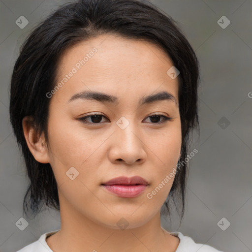 Neutral asian young-adult female with medium  brown hair and brown eyes