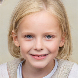 Joyful white child female with medium  blond hair and blue eyes
