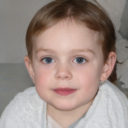 Joyful white child female with medium  brown hair and blue eyes