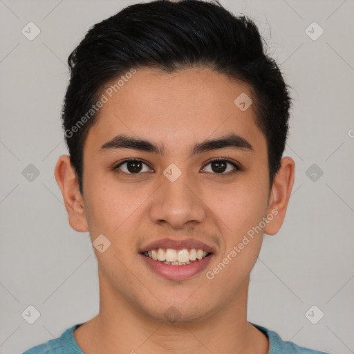 Joyful asian young-adult male with short  brown hair and brown eyes