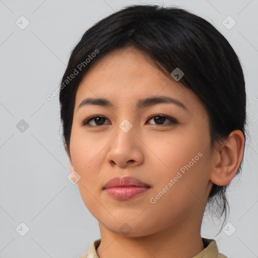 Neutral asian young-adult female with medium  brown hair and brown eyes