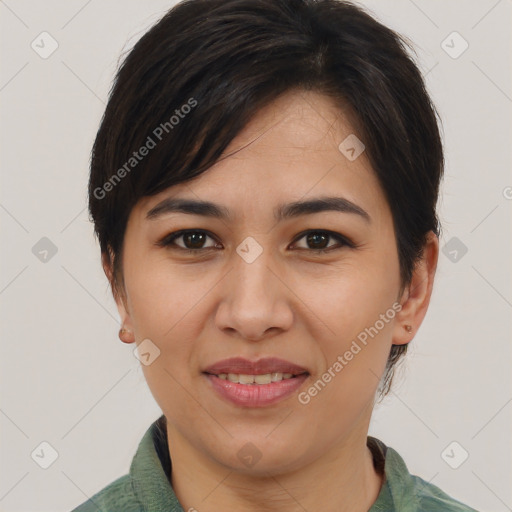 Joyful white young-adult female with medium  brown hair and brown eyes