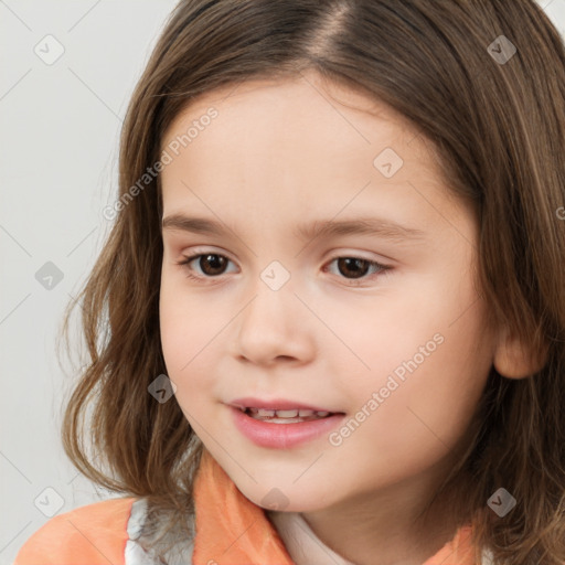 Joyful white child female with medium  brown hair and brown eyes