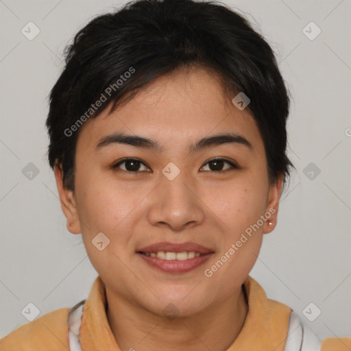 Joyful asian young-adult female with short  brown hair and brown eyes