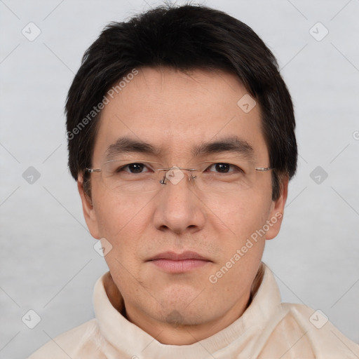 Neutral white adult male with short  black hair and brown eyes