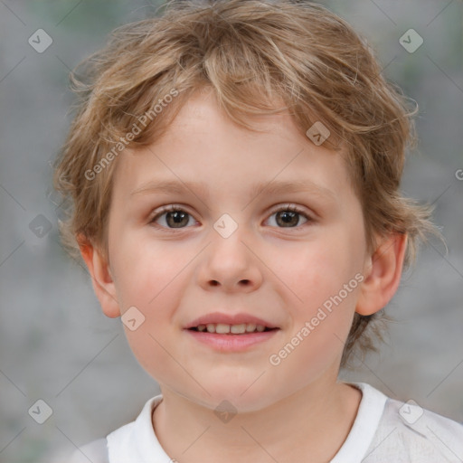 Joyful white child female with short  brown hair and brown eyes