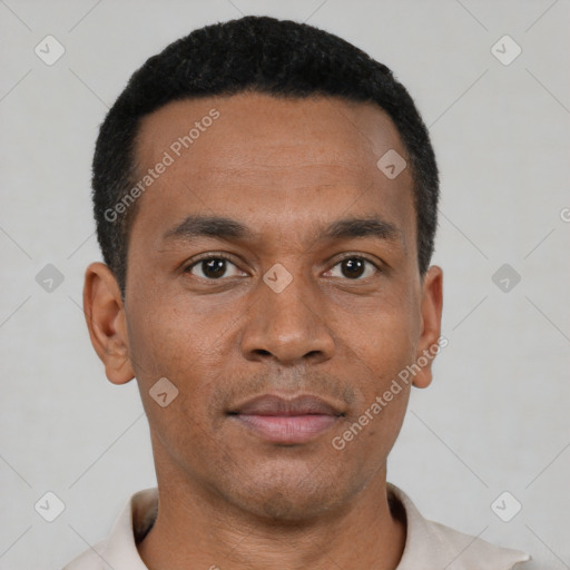 Neutral black young-adult male with short  black hair and brown eyes