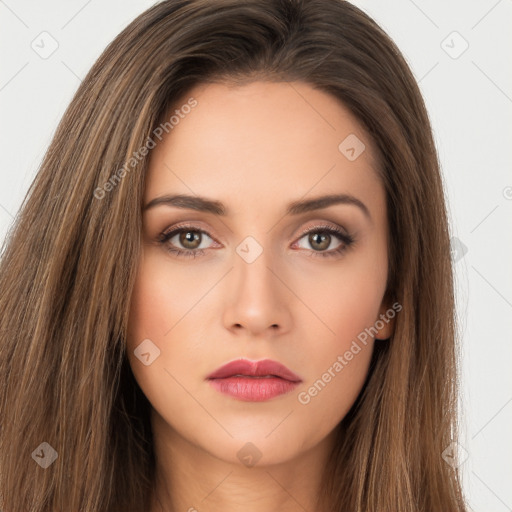 Neutral white young-adult female with long  brown hair and brown eyes