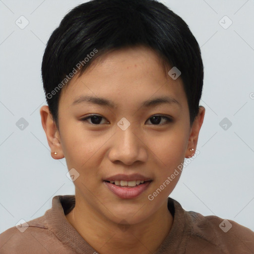 Joyful asian young-adult female with short  brown hair and brown eyes