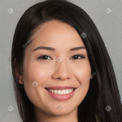 Joyful white young-adult female with long  black hair and brown eyes