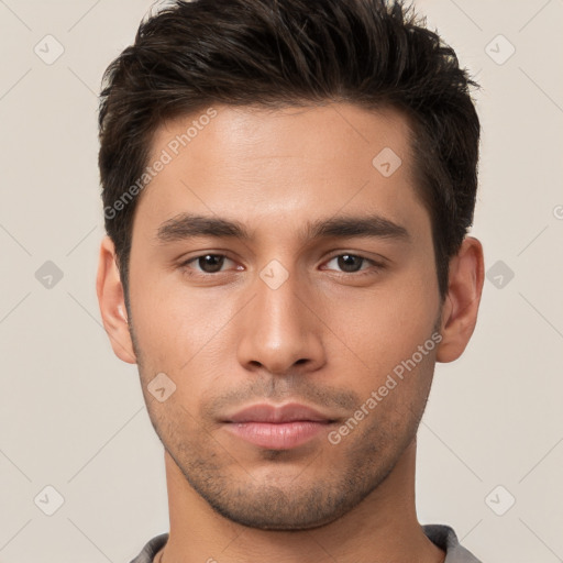 Neutral white young-adult male with short  brown hair and brown eyes