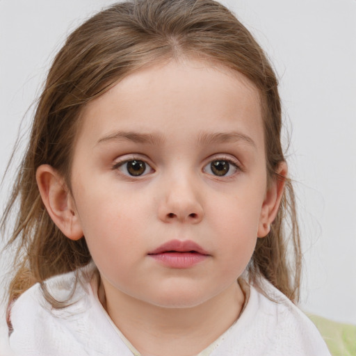 Neutral white child female with medium  brown hair and blue eyes