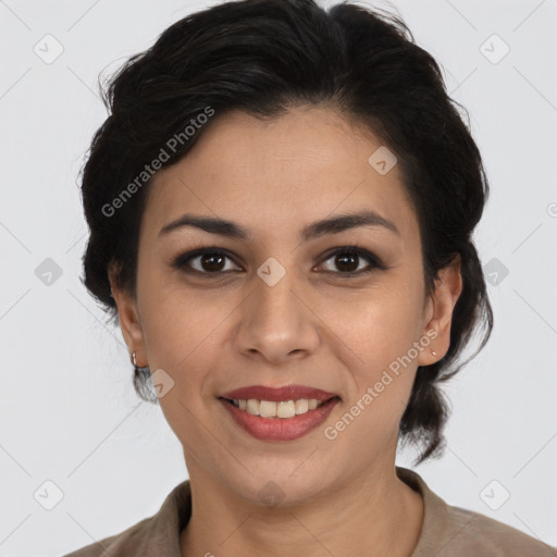 Joyful latino young-adult female with medium  black hair and brown eyes