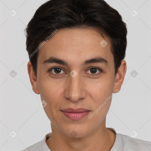 Joyful white young-adult male with short  brown hair and brown eyes