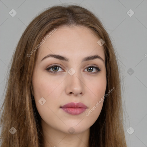 Neutral white young-adult female with long  brown hair and brown eyes