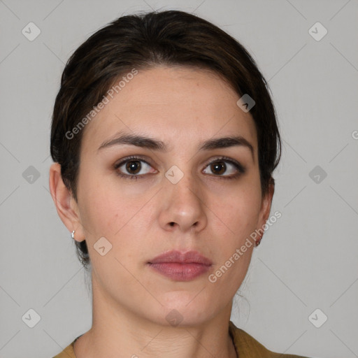 Neutral white young-adult female with short  brown hair and grey eyes