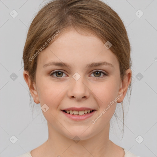 Joyful white child female with medium  brown hair and brown eyes