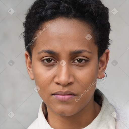 Neutral black young-adult female with short  brown hair and brown eyes