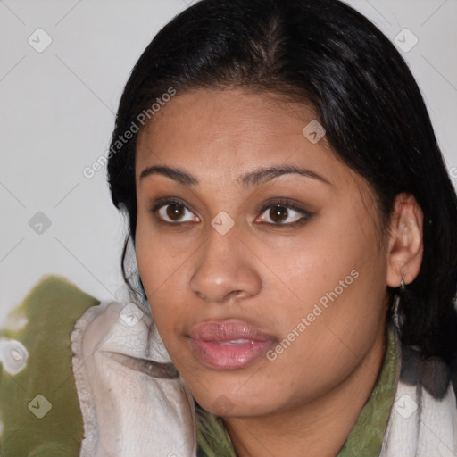 Neutral white young-adult female with medium  brown hair and brown eyes