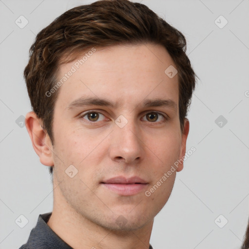 Neutral white young-adult male with short  brown hair and grey eyes