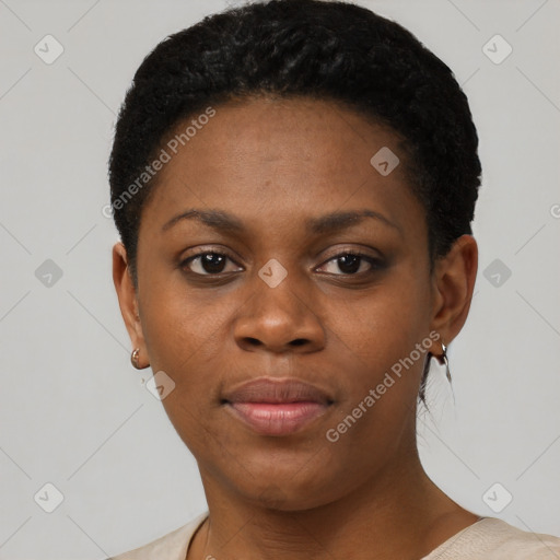 Neutral black young-adult female with short  black hair and brown eyes