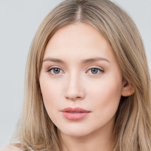 Neutral white young-adult female with long  brown hair and grey eyes