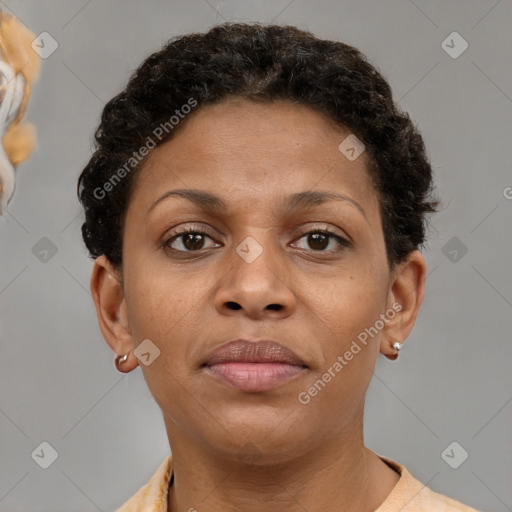 Neutral black young-adult female with short  brown hair and brown eyes