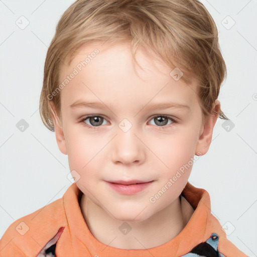 Neutral white child female with short  brown hair and grey eyes