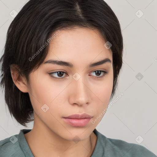 Neutral white young-adult female with medium  brown hair and brown eyes