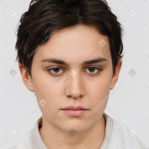 Neutral white young-adult female with short  brown hair and brown eyes