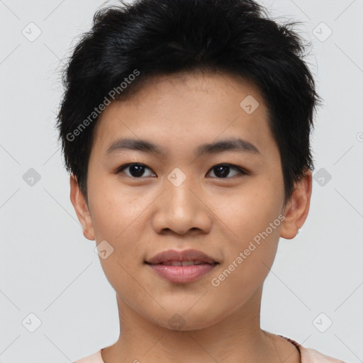 Joyful asian young-adult male with short  black hair and brown eyes