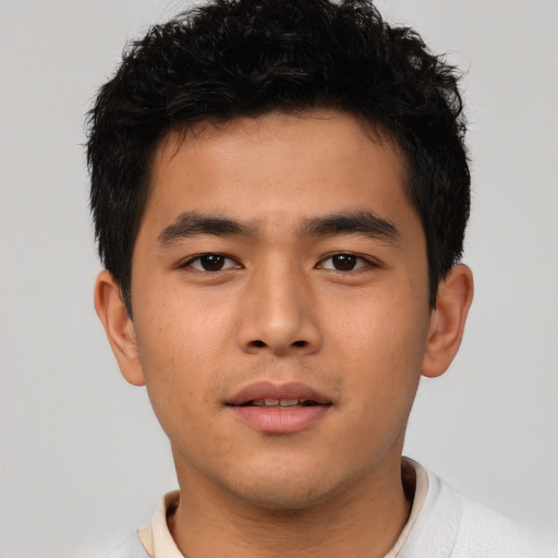 Neutral asian young-adult male with short  black hair and brown eyes