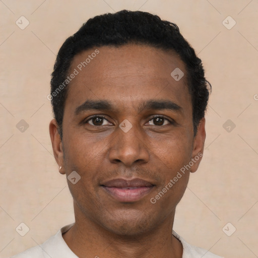 Neutral latino young-adult male with short  black hair and brown eyes