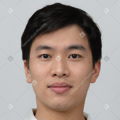 Neutral asian young-adult male with short  black hair and brown eyes