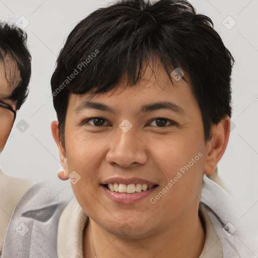 Joyful asian young-adult female with short  brown hair and brown eyes