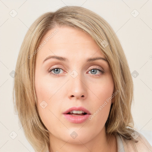 Neutral white young-adult female with medium  brown hair and grey eyes