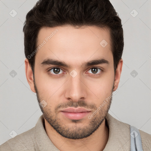 Neutral white young-adult male with short  brown hair and brown eyes