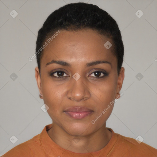 Joyful black young-adult female with short  black hair and brown eyes