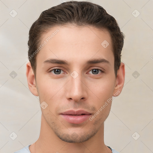 Neutral white young-adult male with short  brown hair and brown eyes