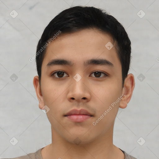 Neutral latino young-adult male with short  black hair and brown eyes