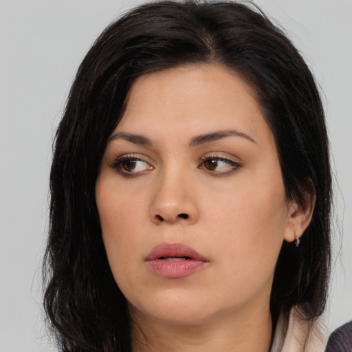 Neutral asian young-adult female with long  black hair and brown eyes