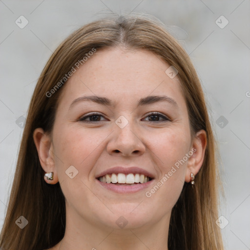 Joyful white young-adult female with long  brown hair and grey eyes