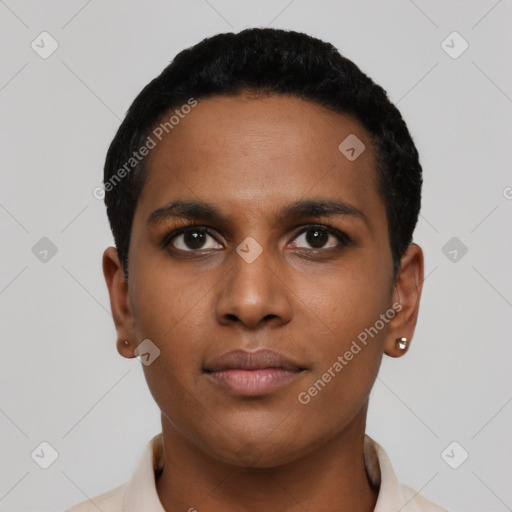 Neutral black young-adult male with short  black hair and brown eyes