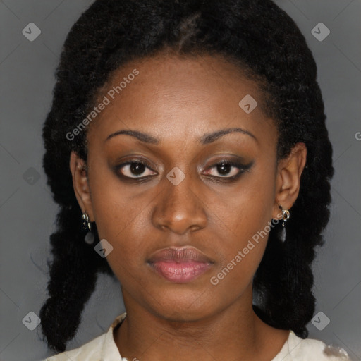 Neutral black young-adult female with medium  brown hair and brown eyes