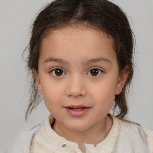 Joyful white child female with medium  brown hair and brown eyes