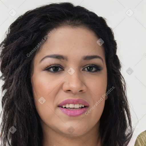 Joyful latino young-adult female with long  brown hair and brown eyes