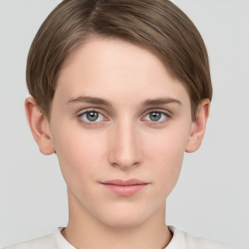 Neutral white young-adult female with short  brown hair and grey eyes