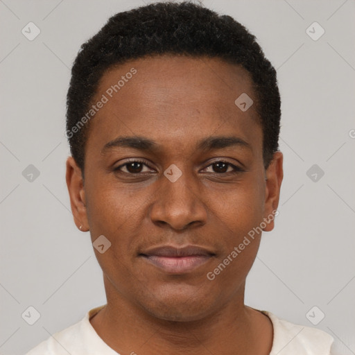 Neutral black young-adult male with short  black hair and brown eyes